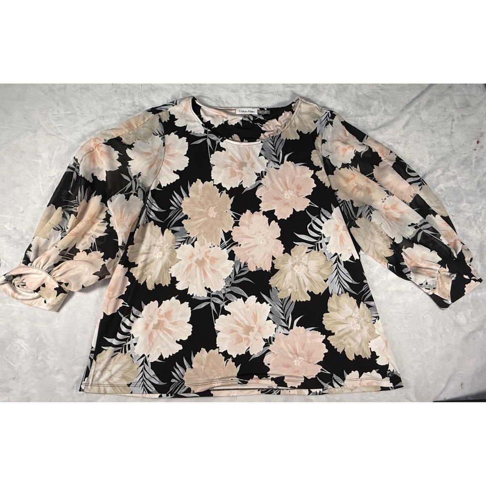 Calvin Klein‎ Womens Plus Size 1XL Black Floral Print 3/4 Sleeve Blouse Top